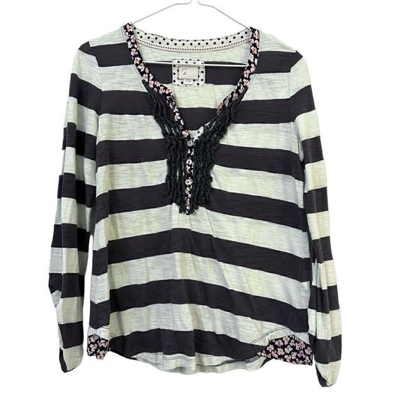 Anthropologie 9-H15 Stcl Ruffle Mixed Media Long Sleeve Top Gray White Small - Picture 1 of 3